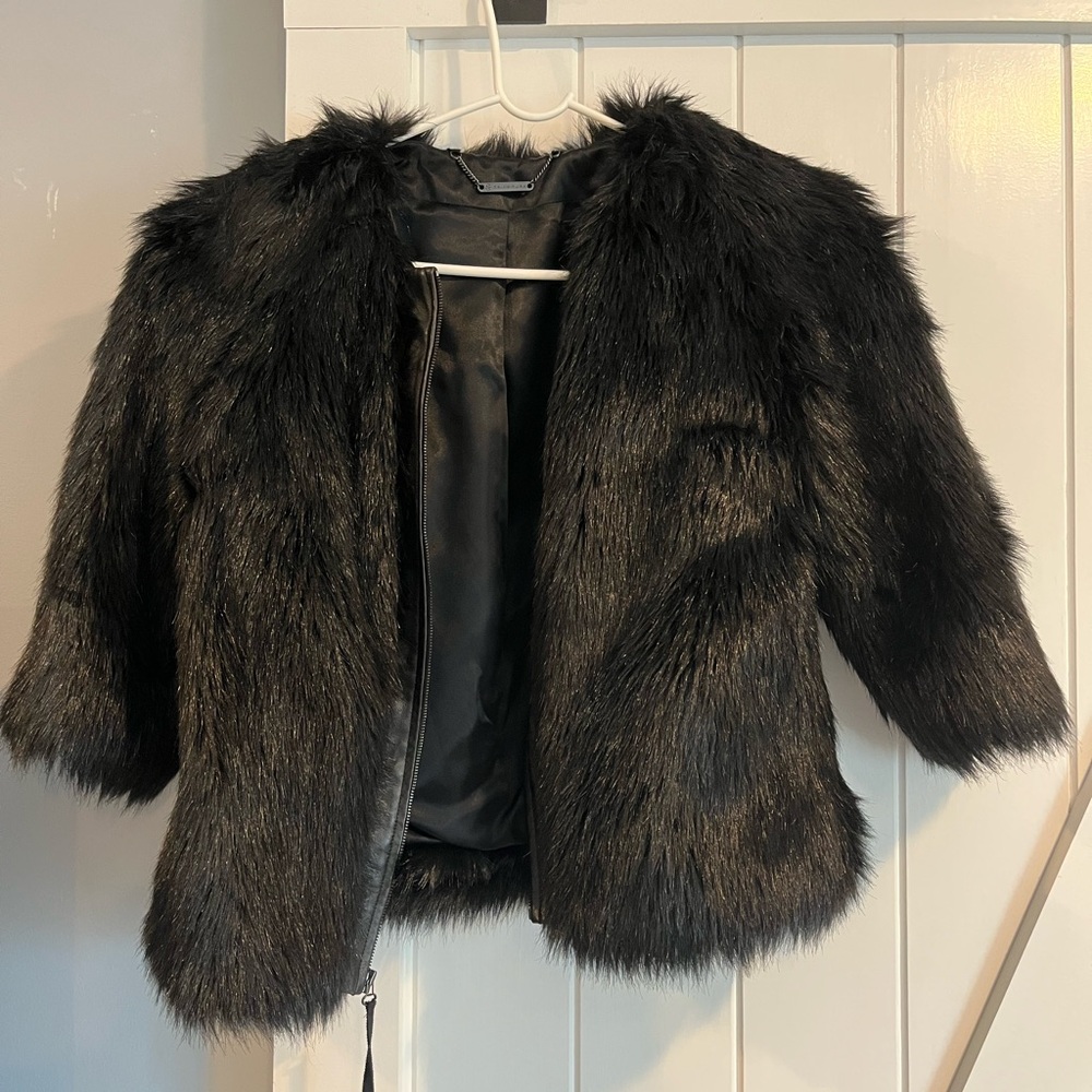 Trina Turk Black Faux Fur Jacket with leather trim
